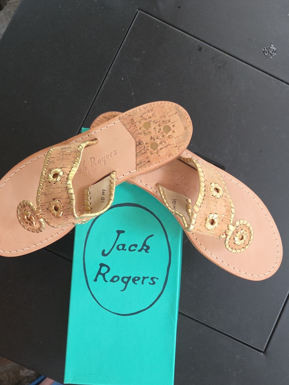 Jack Rogers Tan Sandals with Gold Stitching
